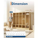 Vestiaire Enfant avec Banc pour Salle de Classe, Surface en Bois Lisse 10 Casiers, Rangement de Crèche avec 4 Roulettes Cachées et 10 Crochets, Organisateur de Rangement à Casiers