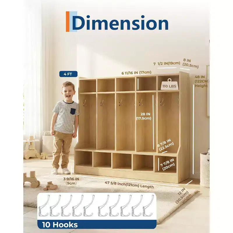 Vestiaire Enfant avec Banc pour Salle de Classe, Surface en Bois Lisse 10 Casiers, Rangement de Crèche avec 4 Roulettes Cachées et 10 Crochets, Organisateur de Rangement à Casiers