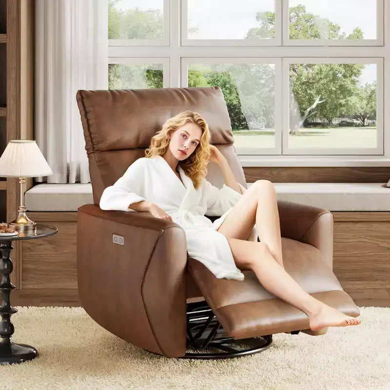 Fauteuil inclinable électrique moderne avec ports USB - Fauteuil à bascule pivotant à 270° en cuir PU pour salon, chambre d'enfant ou chambre à coucher - Marron