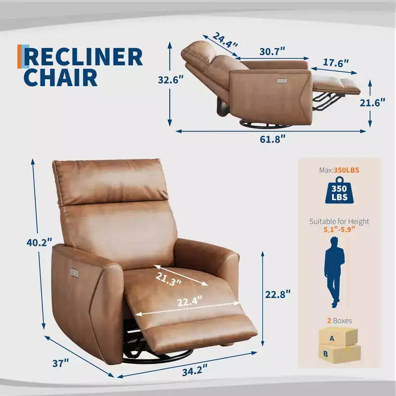 Fauteuil inclinable électrique moderne avec ports USB - Fauteuil à bascule pivotant à 270° en cuir PU pour salon, chambre d'enfant ou chambre à coucher - Marron