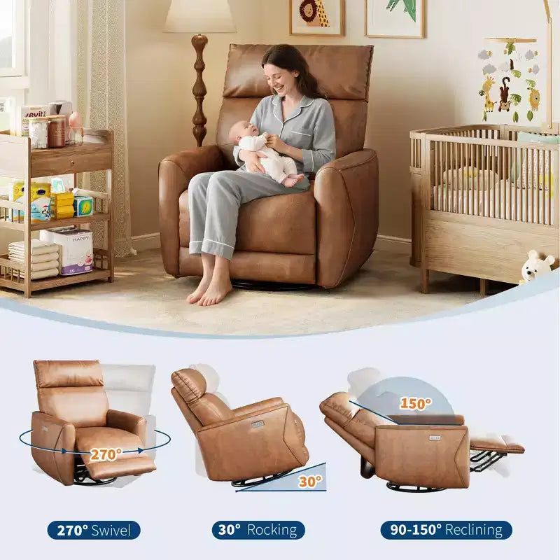 Fauteuil inclinable électrique moderne avec ports USB - Fauteuil à bascule pivotant à 270° en cuir PU pour salon, chambre d'enfant ou chambre à coucher - Marron