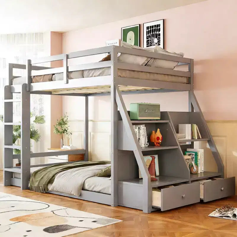 Lit superposé complet Luxystar avec étagères de rangement, 2 tiroirs et lumières