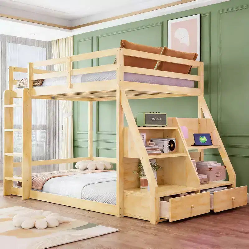 Lit superposé complet Luxystar avec étagères de rangement, 2 tiroirs et lumières