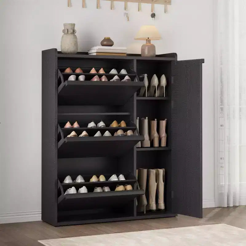 Meuble à chaussures autoportant dissimulé avec 3 tiroirs basculants, porte latérale et étagères réglables, organisateur d'entrée en bois pour couloir et salon