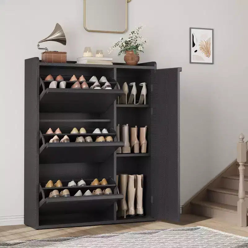 Meuble à chaussures autoportant dissimulé avec 3 tiroirs basculants, porte latérale et étagères réglables, organisateur d'entrée en bois pour couloir et salon