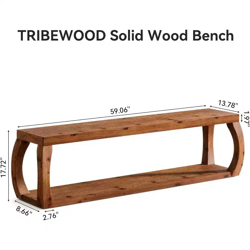 Banc d'entrée Lantine 59 pouces à 2 niveaux en bois massif, banc de rangement à chaussures de style campagnard pour chambre, cuisine, couloir, marron rustique