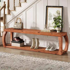Banc d'entrée Lantine 59 pouces à 2 niveaux en bois massif, banc de rangement à chaussures de style campagnard pour chambre, cuisine, couloir, marron rustique