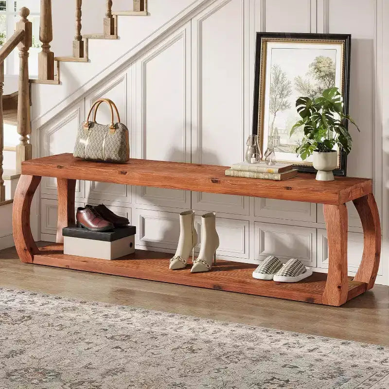 Banc d'entrée Lantine 59 pouces à 2 niveaux en bois massif, banc de rangement à chaussures de style campagnard pour chambre, cuisine, couloir, marron rustique