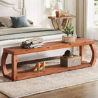 Banc d'entrée Lantine 59 pouces à 2 niveaux en bois massif, banc de rangement à chaussures de style campagnard pour chambre, cuisine, couloir, marron rustique