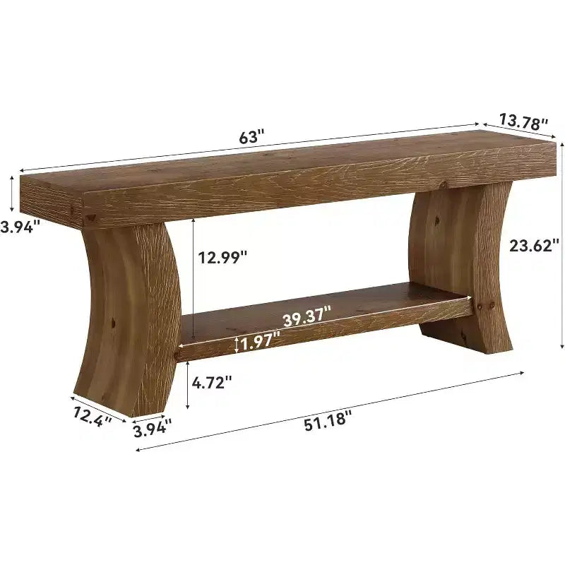 Console Lantine 63 en bois massif, table basse de ferme à 2 niveaux, console TV basse pour salon, entrée, couloir (marron foncé)