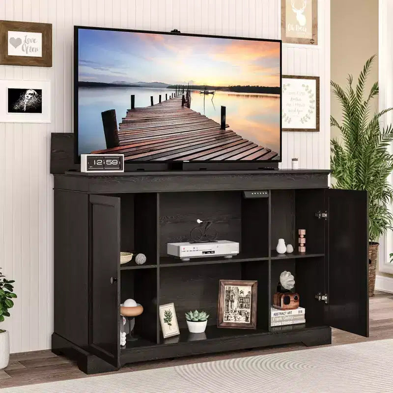 Meuble TV lift GDLF, meuble TV motorisé escamotable pour téléviseurs de 55 à 65 pouces avec rangement et télécommande, Noyer moderne