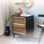 COZAYH Table de Chevet Moderne de Ferme à 2 Tiroirs, Table d'Appoint avec Compartiment de Rangement Simple et Façade à Motif Tressé, Noir, Lot de 2