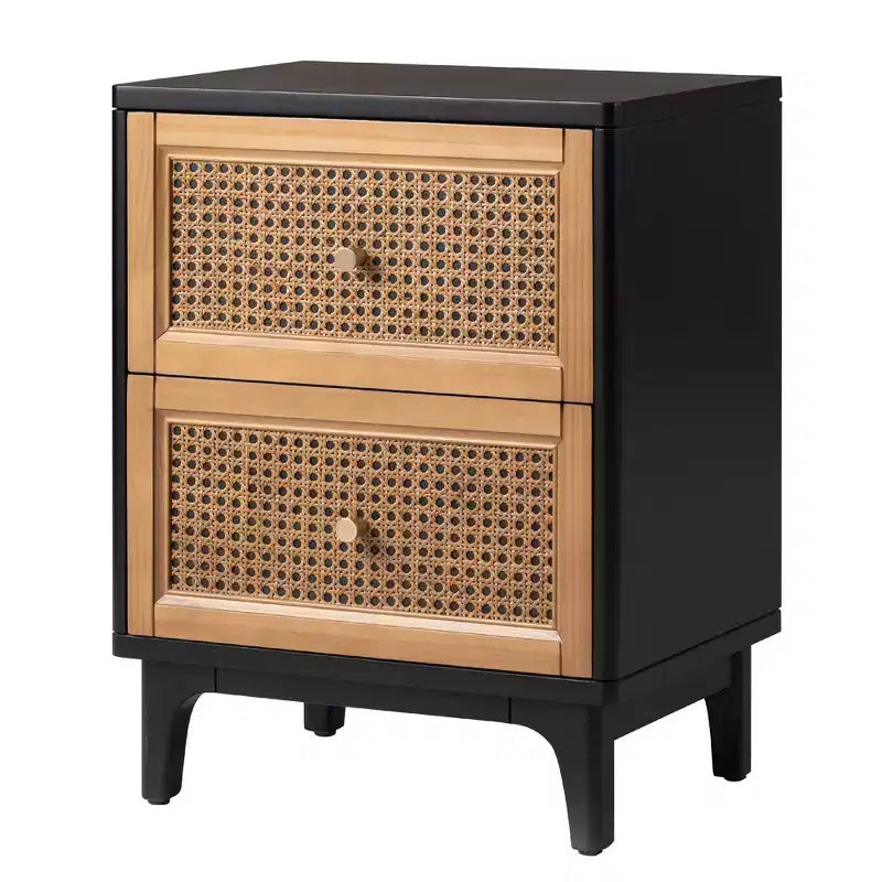 COZAYH Table de Chevet Moderne de Ferme à 2 Tiroirs, Table d'Appoint avec Compartiment de Rangement Simple et Façade à Motif Tressé, Noir, Lot de 2