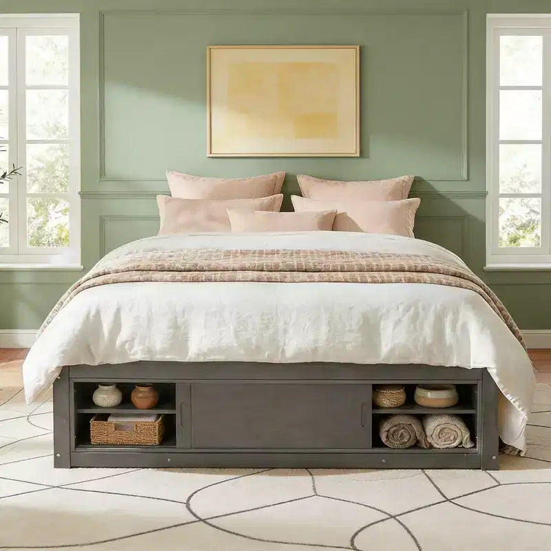 Luxystar Lit plateforme moderne Queen avec 4 tiroirs et rangement intégré au pied de lit