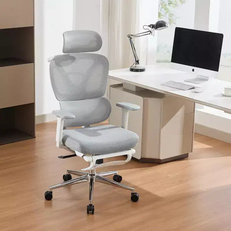 Chaise de bureau ergonomique en maille - Dossier haut, support lombaire réglable, appui-tête et repose-pieds rembourrés, siège large et respirant, chaise de bureau pivotante