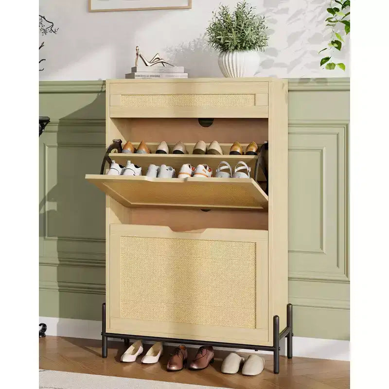 Meuble à chaussures en rotin Acekool, organisateur à 3 niveaux avec tiroirs et étagères réglables, rangement d'entrée peu encombrant