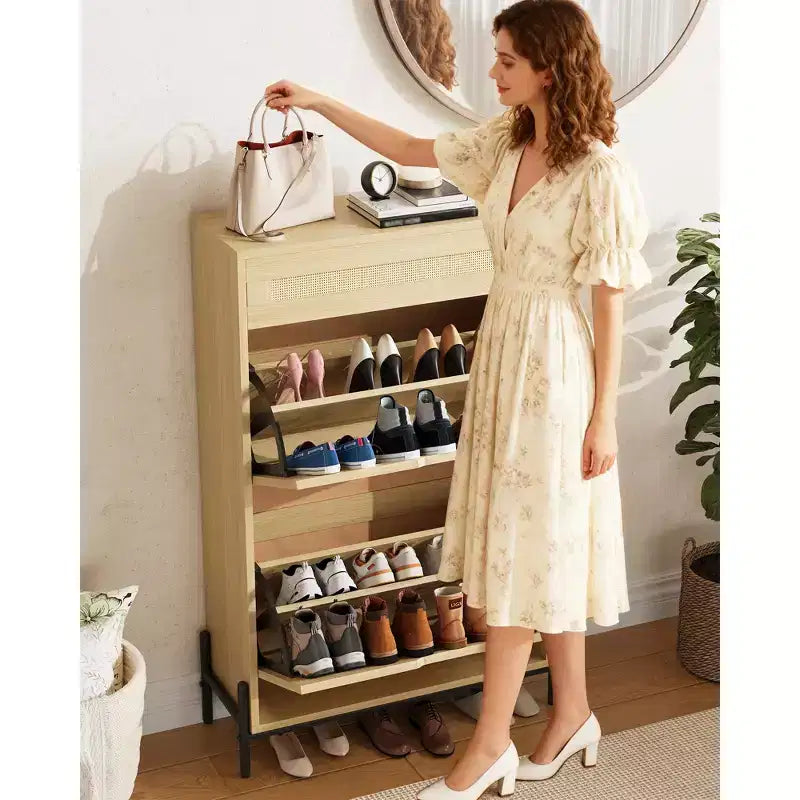 Meuble à chaussures en rotin Acekool, organisateur à 3 niveaux avec tiroirs et étagères réglables, rangement d'entrée peu encombrant