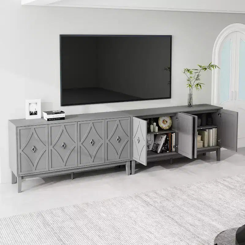 GDFStudio Surachai Buffet en bois moderne avec 4 portes géométriques sculptées à la main et étagères réglables