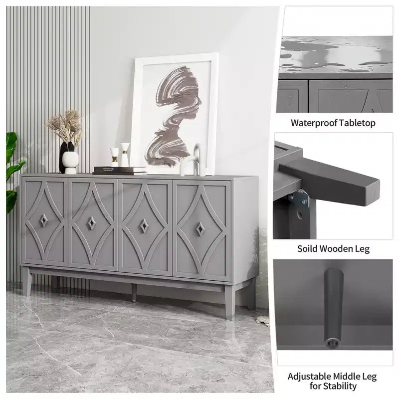 GDFStudio Surachai Buffet en bois moderne avec 4 portes géométriques sculptées à la main et étagères réglables