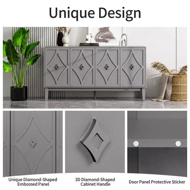 GDFStudio Surachai Buffet en bois moderne avec 4 portes géométriques sculptées à la main et étagères réglables