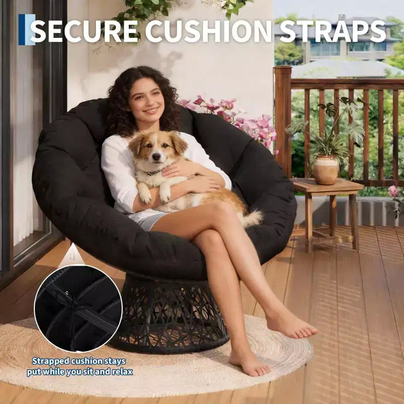 Fauteuil à bascule de patio surdimensionné, rotin tressé à la main, fauteuil en osier ergonomique, cadre en acier robuste, base pivotante à 360°