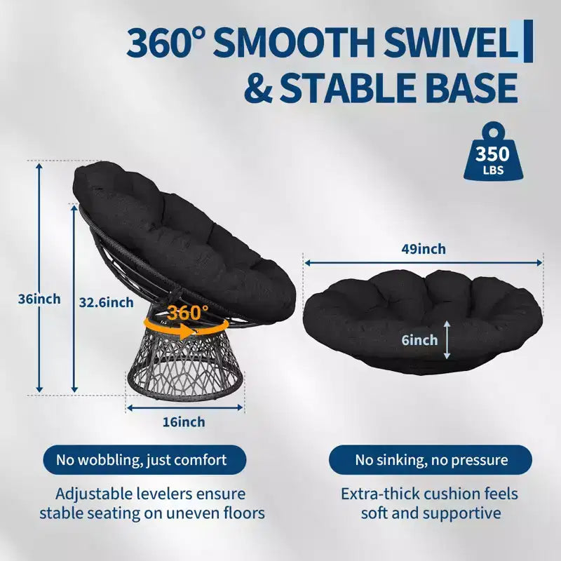 Fauteuil à bascule de patio surdimensionné, rotin tressé à la main, fauteuil en osier ergonomique, cadre en acier robuste, base pivotante à 360°