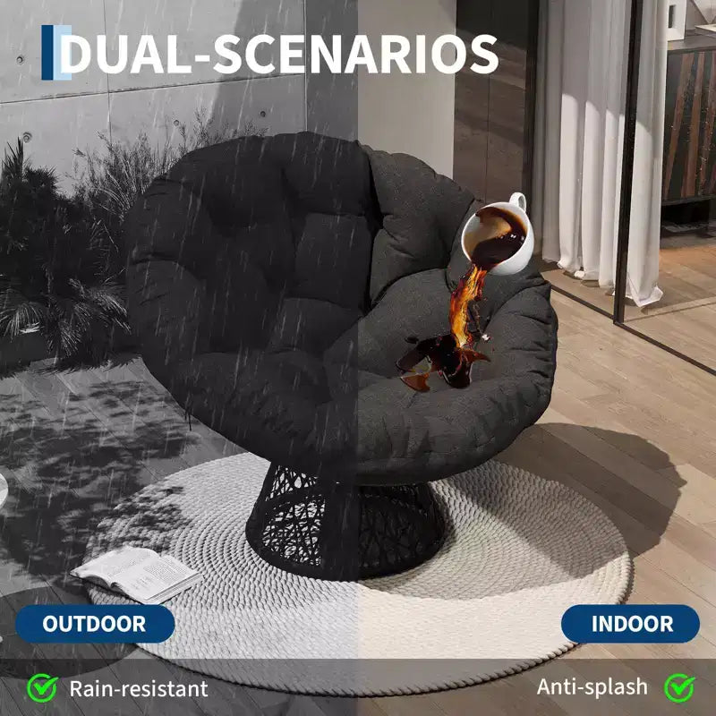 Fauteuil à bascule de patio surdimensionné, rotin tressé à la main, fauteuil en osier ergonomique, cadre en acier robuste, base pivotante à 360°