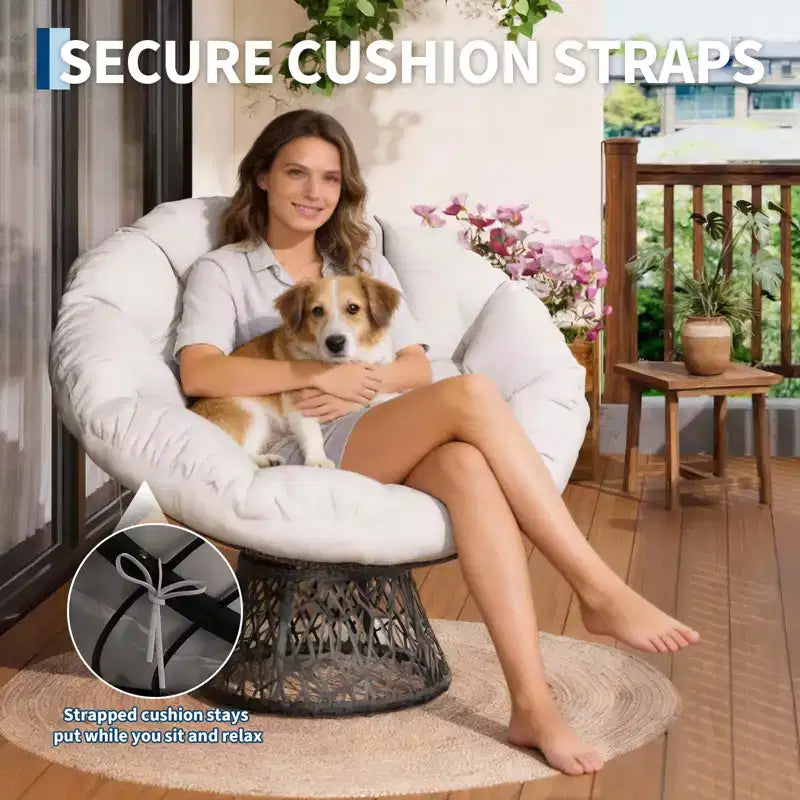 Fauteuil à bascule de patio surdimensionné, rotin tressé à la main, fauteuil en osier ergonomique, cadre en acier robuste, base pivotante à 360°