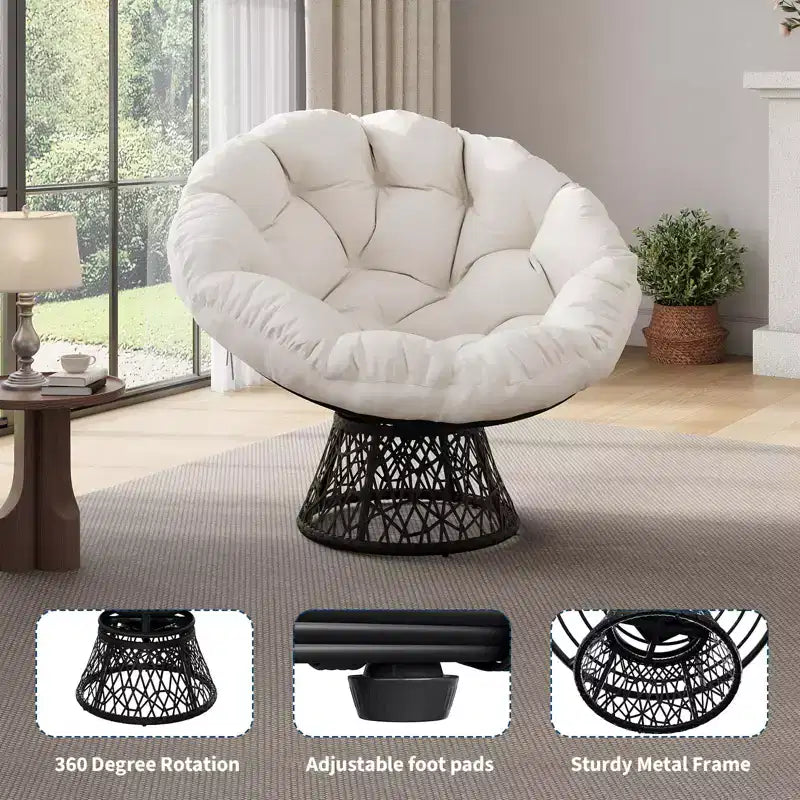 Fauteuil à bascule de patio surdimensionné, rotin tressé à la main, fauteuil en osier ergonomique, cadre en acier robuste, base pivotante à 360°