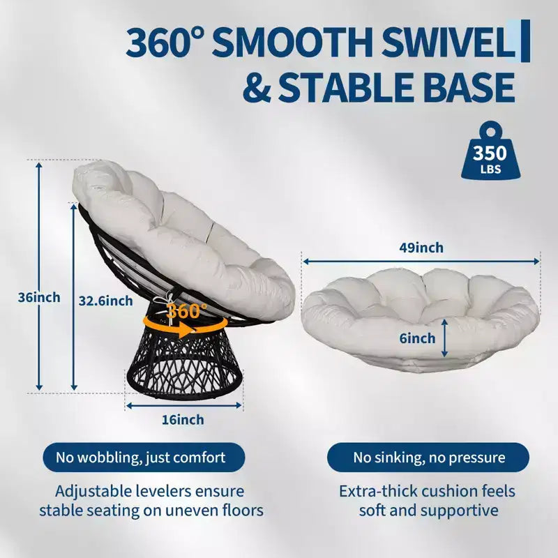 Fauteuil à bascule de patio surdimensionné, rotin tressé à la main, fauteuil en osier ergonomique, cadre en acier robuste, base pivotante à 360°