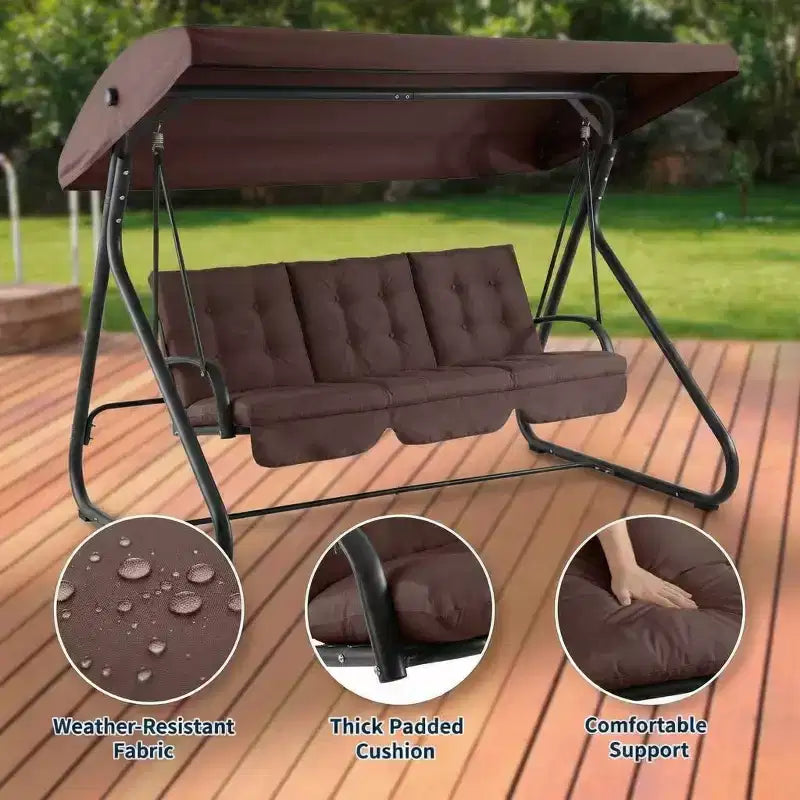 Balançoire-planeur de jardin convertible à 3 places, auvent réglable, coussins amovibles, capacité de charge de 340 kg, coussins amovibles, cadre métallique robuste
