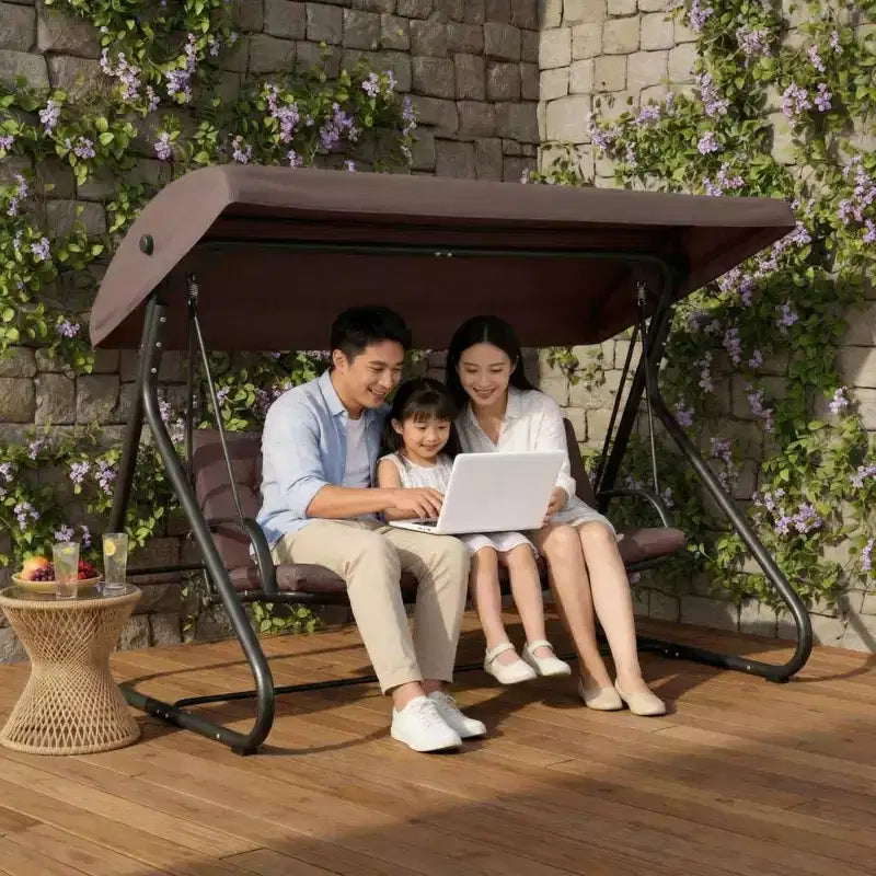 Balançoire-planeur de jardin convertible à 3 places, auvent réglable, coussins amovibles, capacité de charge de 340 kg, coussins amovibles, cadre métallique robuste