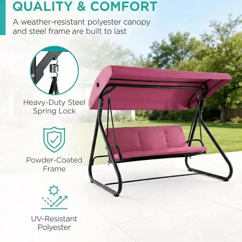 Balançoire-planeur de jardin convertible à 3 places, auvent réglable, coussins amovibles, capacité de charge de 340 kg, coussins amovibles, cadre métallique robuste