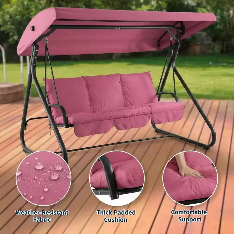 Balançoire-planeur de jardin convertible à 3 places, auvent réglable, coussins amovibles, capacité de charge de 340 kg, coussins amovibles, cadre métallique robuste