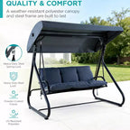 Balançoire-planeur de jardin convertible à 3 places, auvent réglable, coussins amovibles, capacité de charge de 340 kg, coussins amovibles, cadre métallique robuste