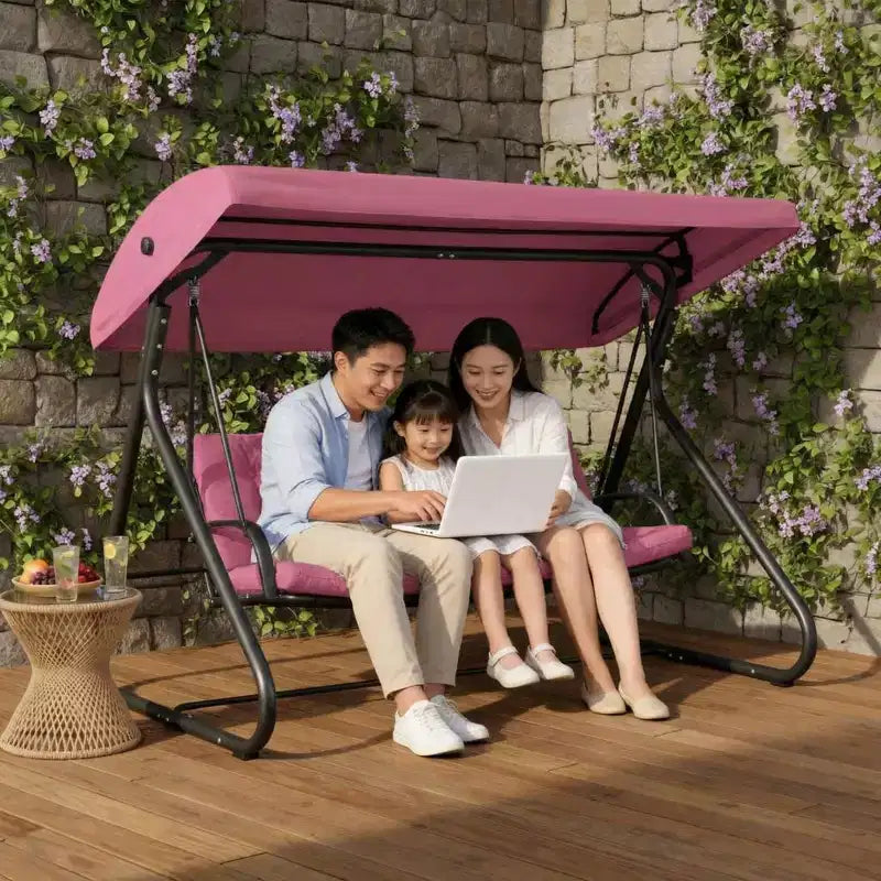 Balançoire-planeur de jardin convertible à 3 places, auvent réglable, coussins amovibles, capacité de charge de 340 kg, coussins amovibles, cadre métallique robuste