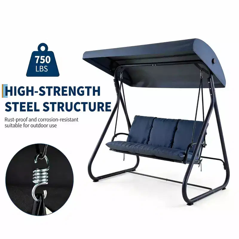 Balançoire-planeur de jardin convertible à 3 places, auvent réglable, coussins amovibles, capacité de charge de 340 kg, coussins amovibles, cadre métallique robuste