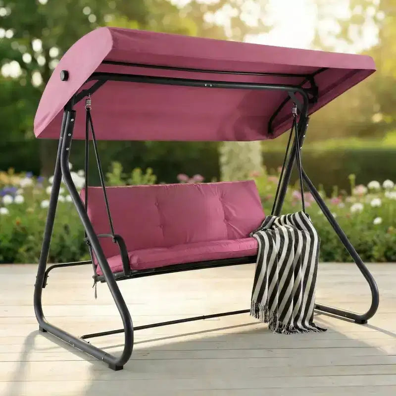 Balançoire-planeur de jardin convertible à 3 places, auvent réglable, coussins amovibles, capacité de charge de 340 kg, coussins amovibles, cadre métallique robuste