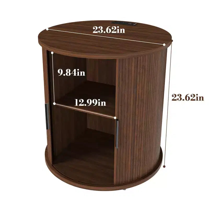 Table de chevet moderne du milieu du siècle avec station de charge, porte coulissante, finition noyer ronde/cylindrique (W2700P385517)