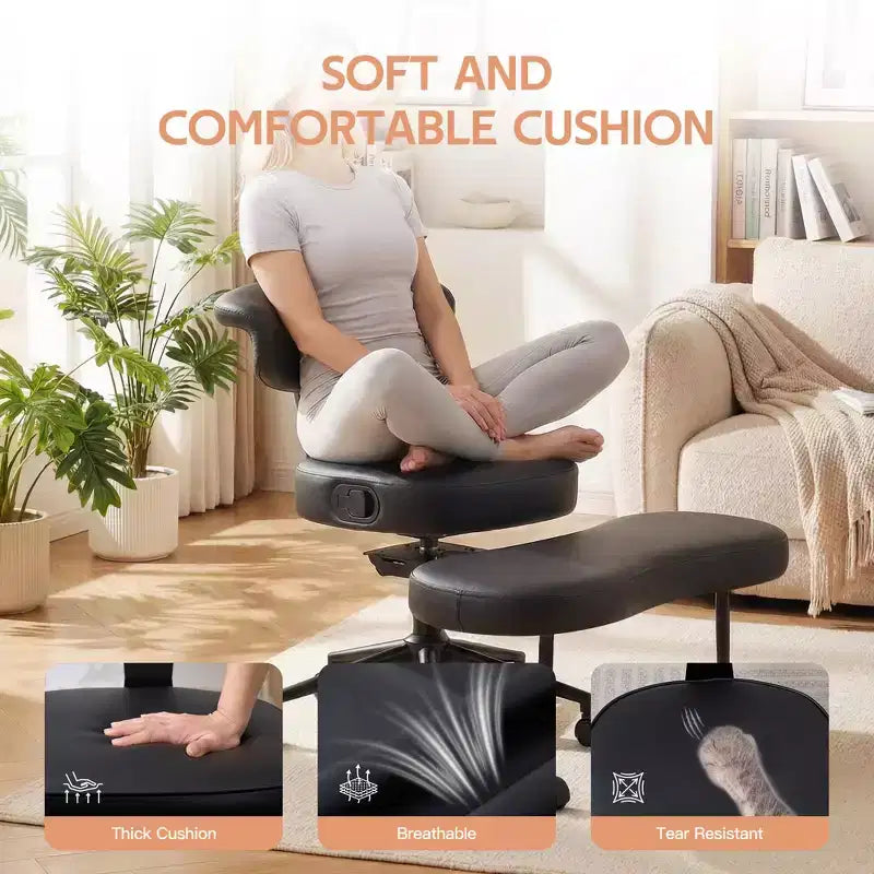 Chaise de bureau ergonomique à pattes croisées avec support lombaire, chaise de méditation pivotante à 360°