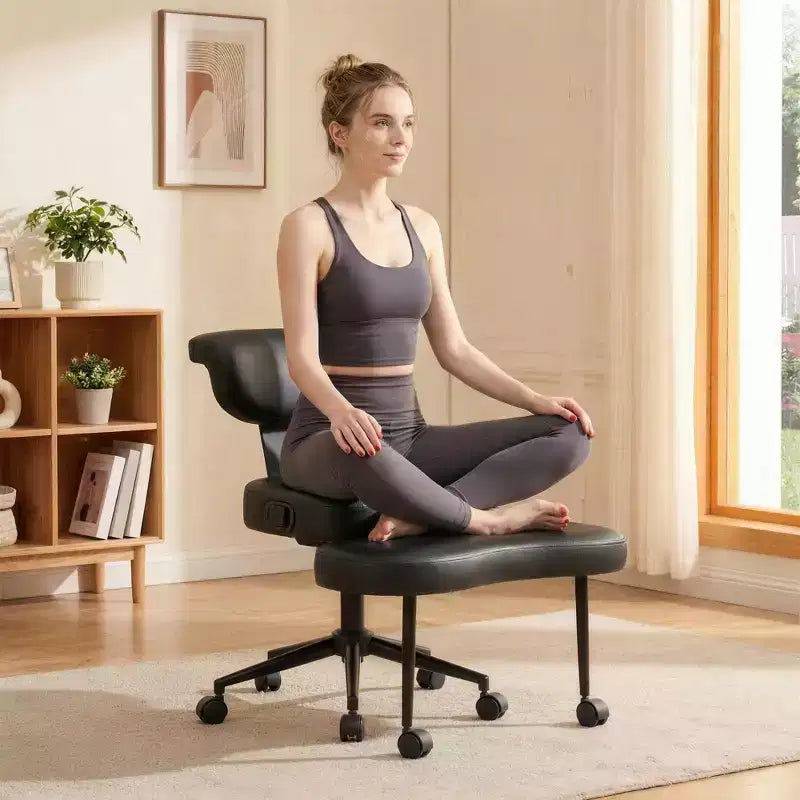 Chaise de bureau ergonomique à pattes croisées avec support lombaire, chaise de méditation pivotante à 360°