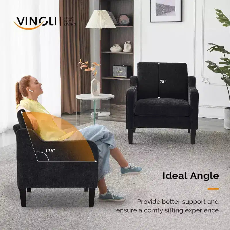 VINGLI Chaises de salon, fauteuil d'appoint noir, coussin d'assise de 14 cm d'épaisseur, chaise confortable en chenille douce, fauteuil tapissé.