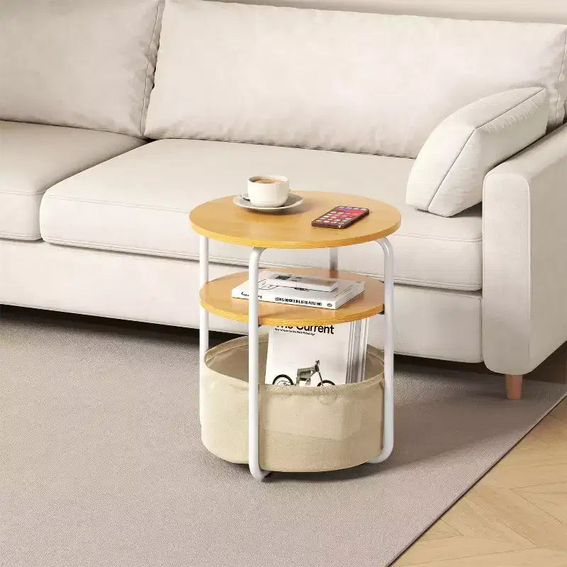 Table d'appoint ronde à 3 niveaux avec panier de rangement, table de chevet petite, de 60 cm de hauteur, pour salon, chambre à coucher