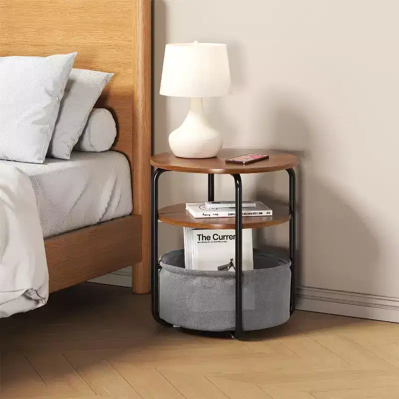 Table d'appoint ronde à 3 niveaux avec panier de rangement, table de chevet petite, de 60 cm de hauteur, pour salon, chambre à coucher