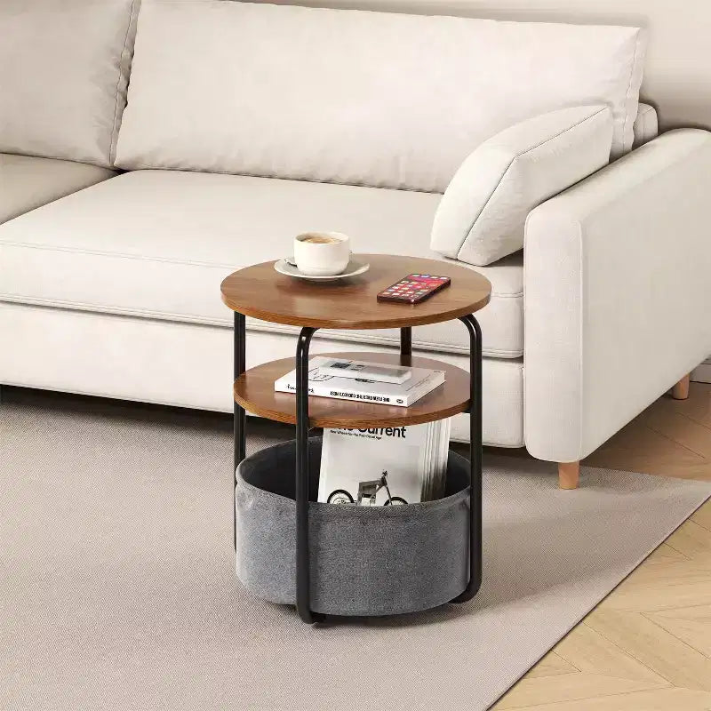 Table d'appoint ronde à 3 niveaux avec panier de rangement, table de chevet petite, de 60 cm de hauteur, pour salon, chambre à coucher