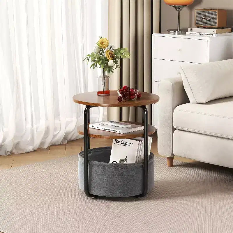 Table d'appoint ronde à 3 niveaux avec panier de rangement, table de chevet petite, de 60 cm de hauteur, pour salon, chambre à coucher