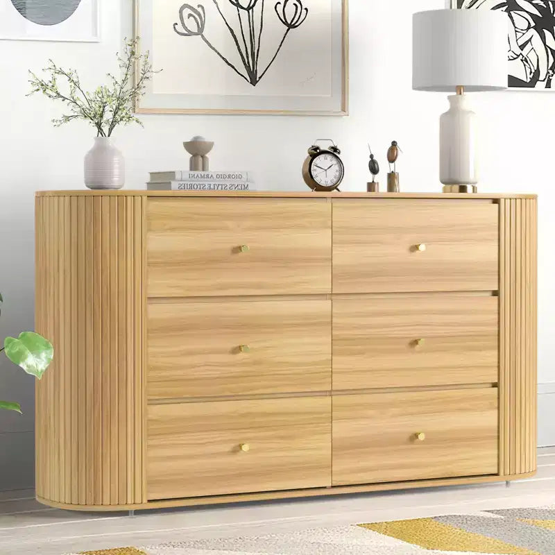 COZONY 6-Drawer Wooden Dresser with Curved Edges, Oak Finish Chest, Mid-Century Modern Storage