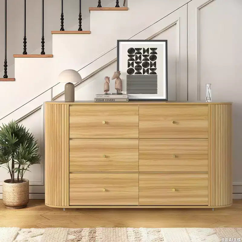 Commode en bois COZONY à 6 tiroirs avec bords incurvés, finition chêne, style Mid-Century Modern
