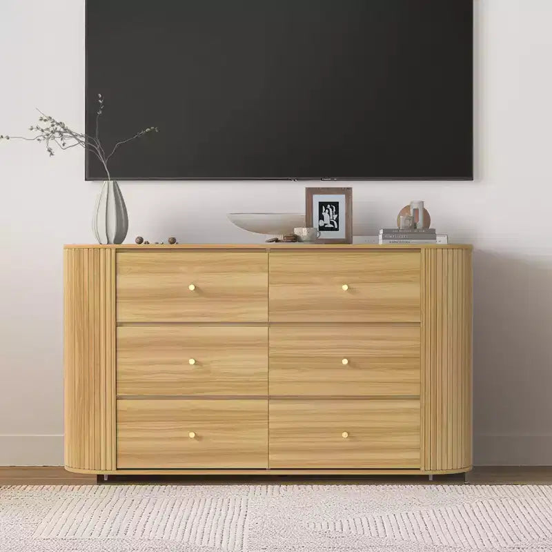 Commode en bois COZONY à 6 tiroirs avec bords incurvés, finition chêne, style Mid-Century Modern
