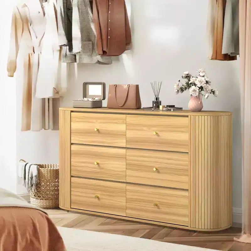 Commode en bois COZONY à 6 tiroirs avec bords incurvés, finition chêne, style Mid-Century Modern